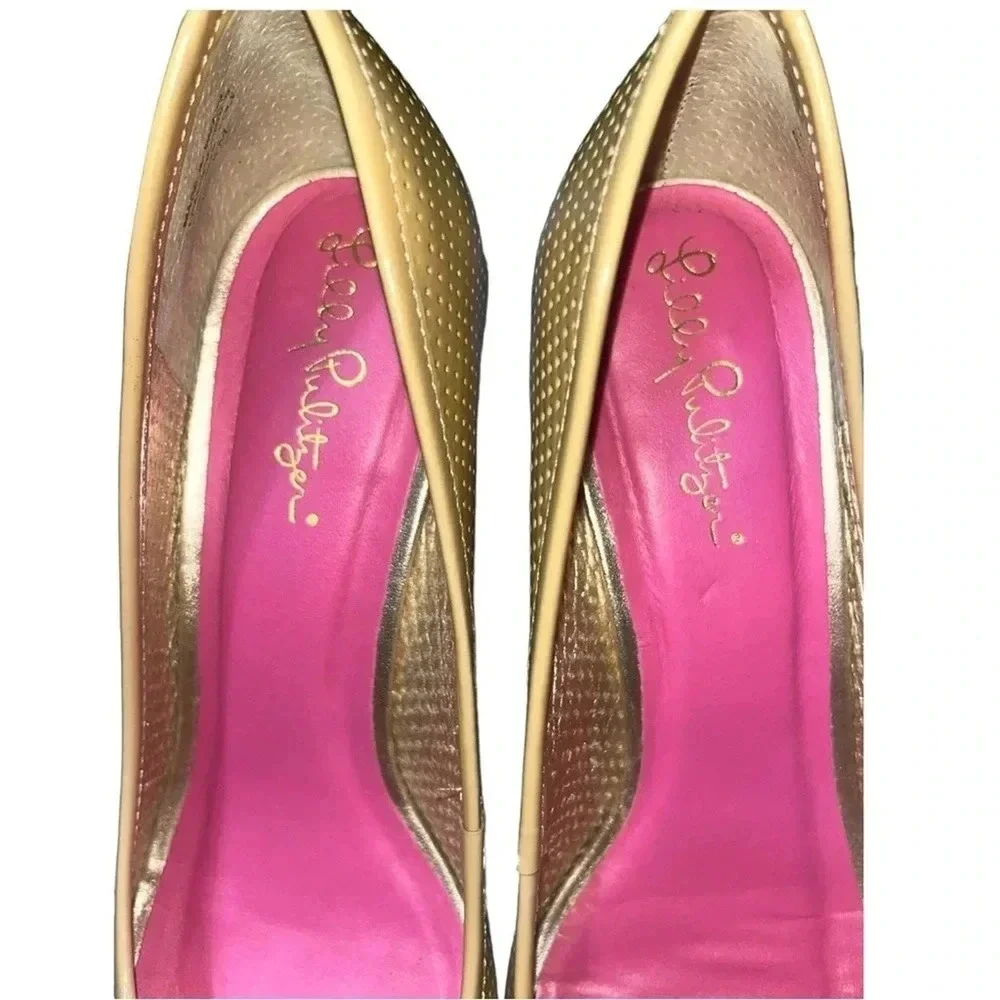 Lilly Pulitzer Wedge Pumps Womens 8M Tan Perforated Leather Peep Toe Raffia Heel